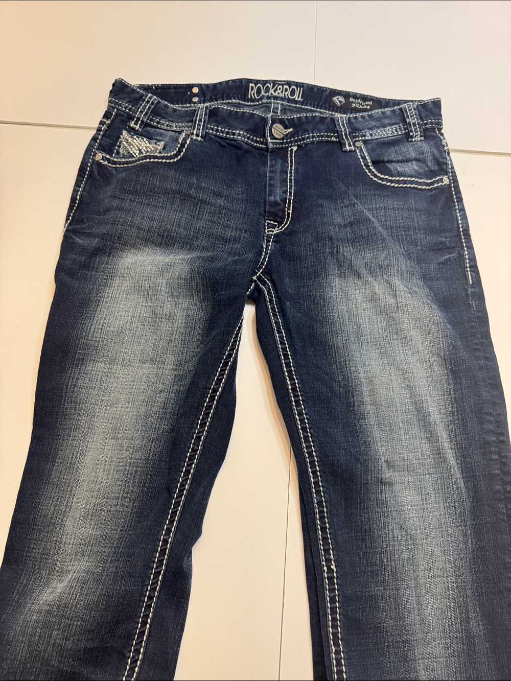 Rock & Roll Cowgirl Navy Blue Boot Cut Jeans with Contrast Stitching